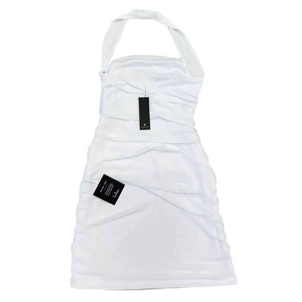 Lulus Attractive Radiance White Mesh Ruched Halter Mini Dress size L